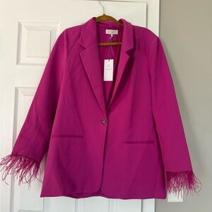 WAYF Fuscia Pink Feather Fur Sleeve Trim Blazer Glamorous Hot Date Night NWT